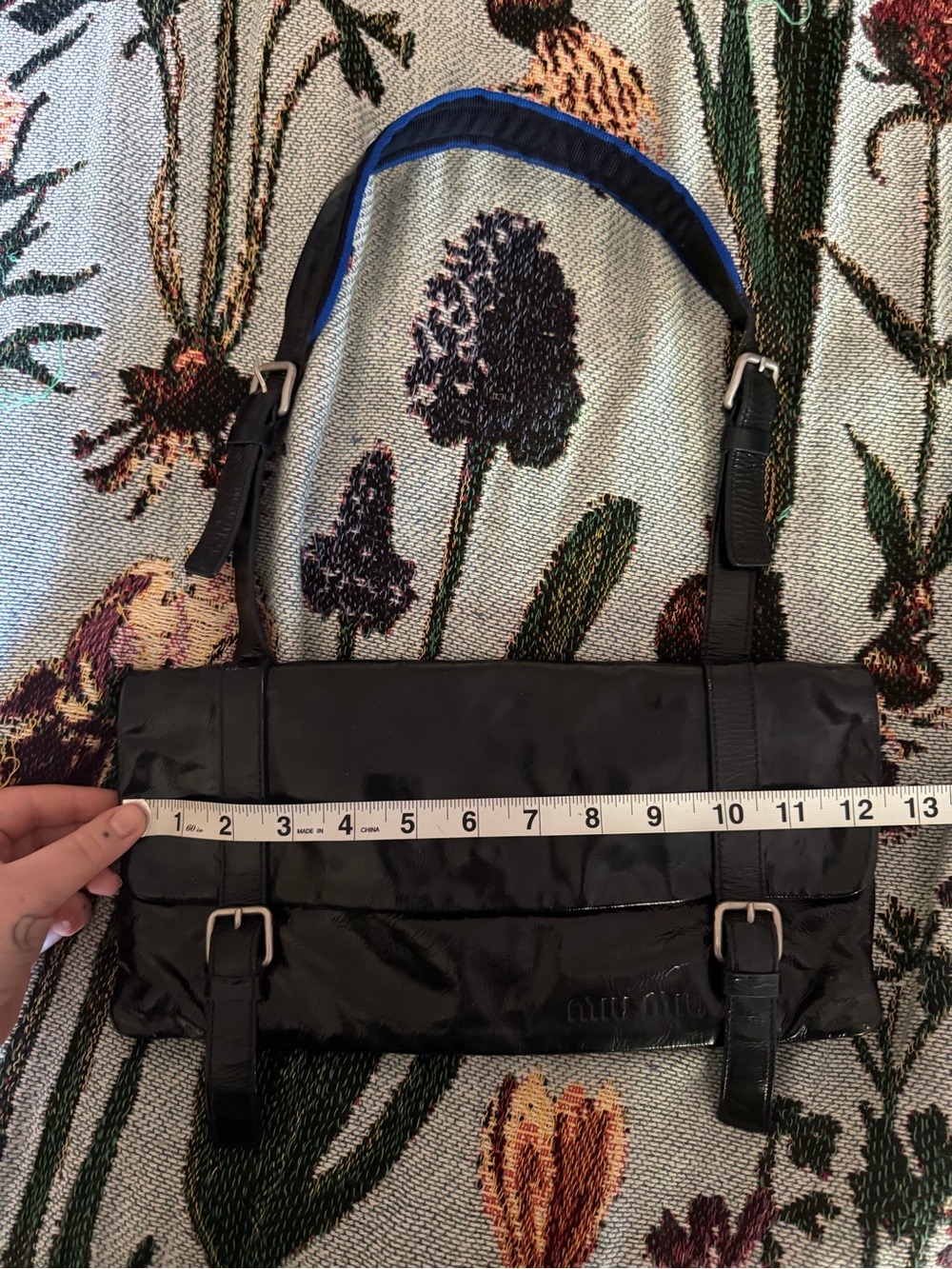 Vintage Miu Miu Blue Black Shiny Leather Wet Look Buckle Mini Shoulder Bag - Picture 12 of 14